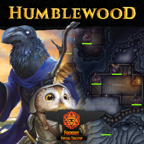 Promotional artwork for Humblewood Campaign Setting featuring a digital representation of a forest scene with an owl and a raven, indicating a fantasy campaign setting for D&D, compatible with Foundry VTT platform.