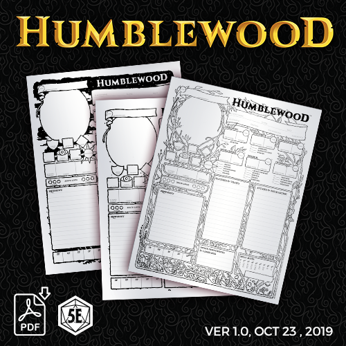 Promotional graphic for Humblewood character sheets PDF, featuring previews of character sheet designs with decorative elements.
