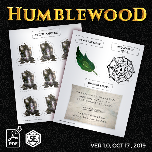 Promotional graphic for Humblewood Resources 1.0 - 5e D&D, showcasing PDF handouts and tools with illustrations related to the game.