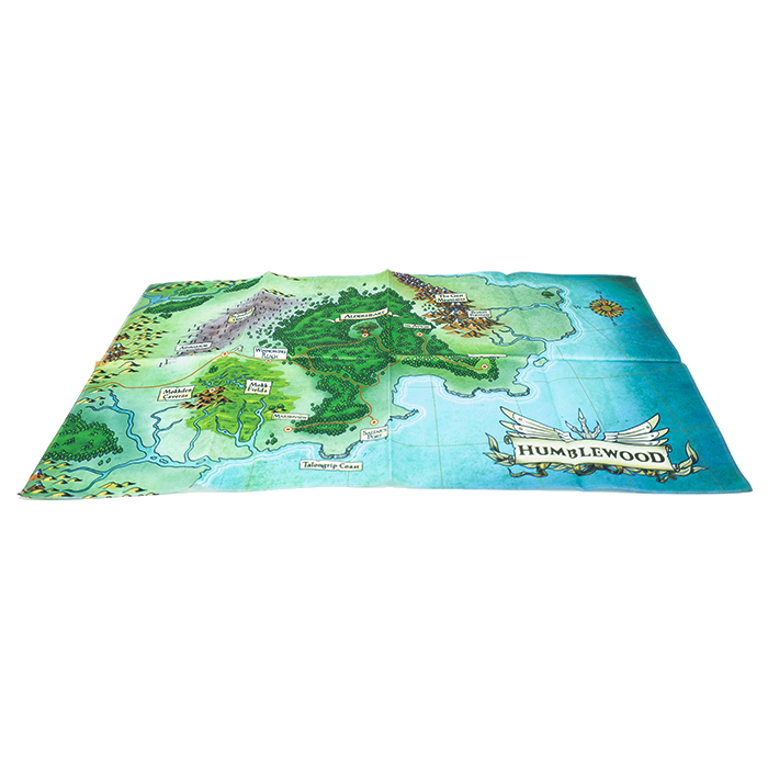 A colorful fabric world map printed with detailed illustrations and the name 'Humblewood' at the bottom.