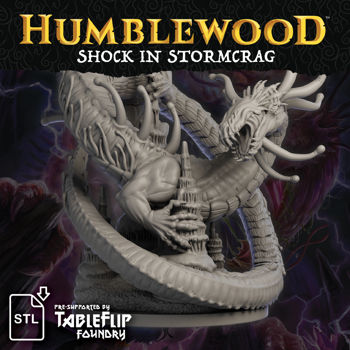 A promotional image featuring a digital miniature STL of a fantasy creature, with a dramatic backdrop. The image is used for marketing the product by showcasing its detailed design.