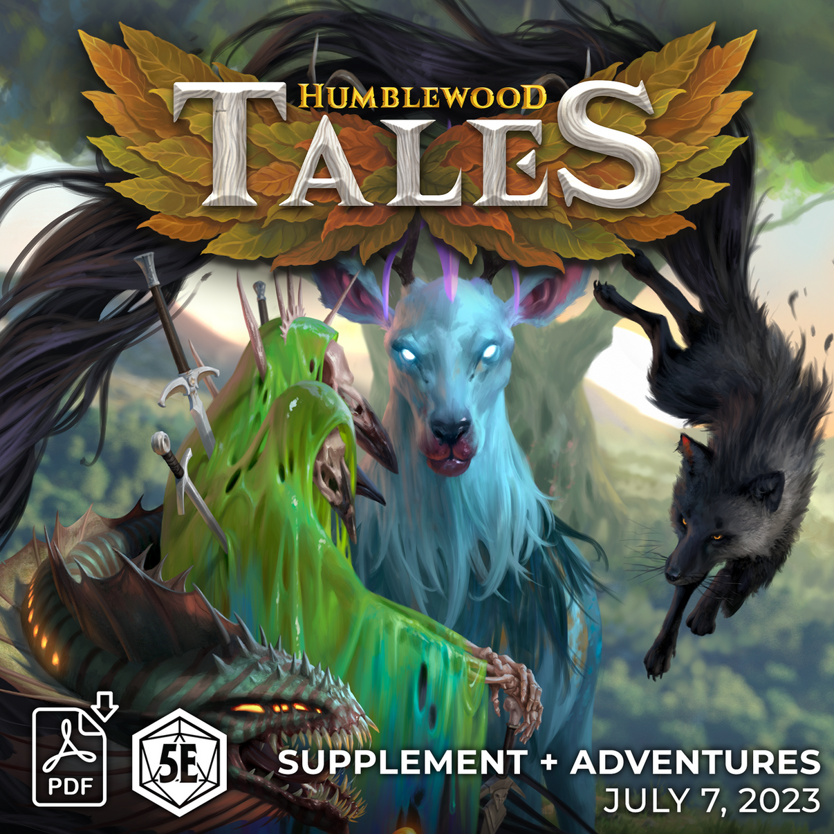 Cover art for Humblewood Tales adventure book expansion for 5th edition D&D, depicting fantastical creatures and a magical environment.
