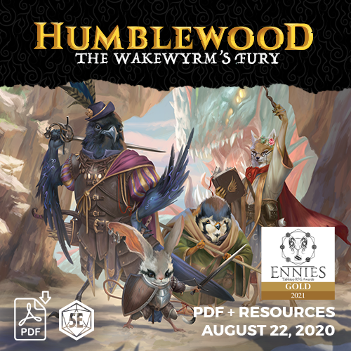 Cover art for Humblewood: The Wakewyrm's Fury, depicting a colorful illustration of fantasy characters and a dragon-like creature.
