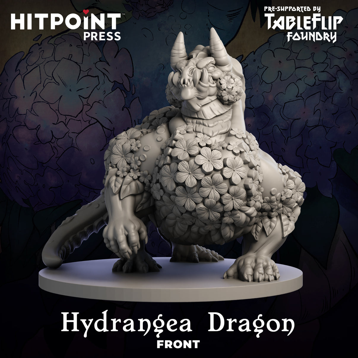 A digital image of a Hydrangea Dragon miniature, designed for 3D printing, with a floral pattern.