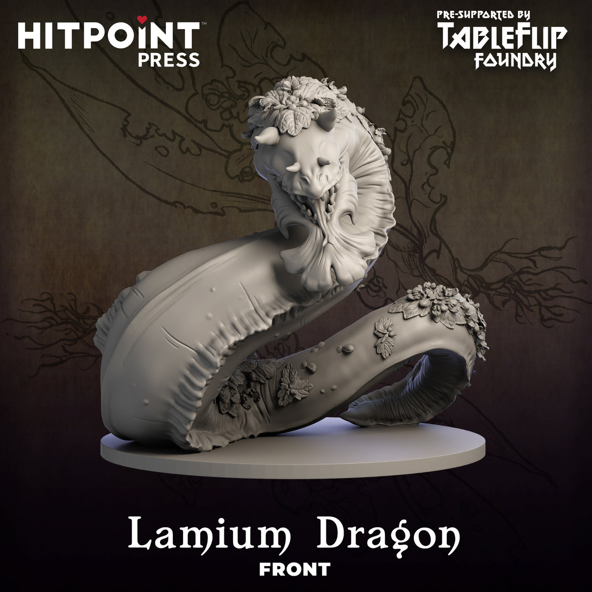 Digital image of a Lamium Dragon miniature, designed for 3D printing, with intricate floral patterns.