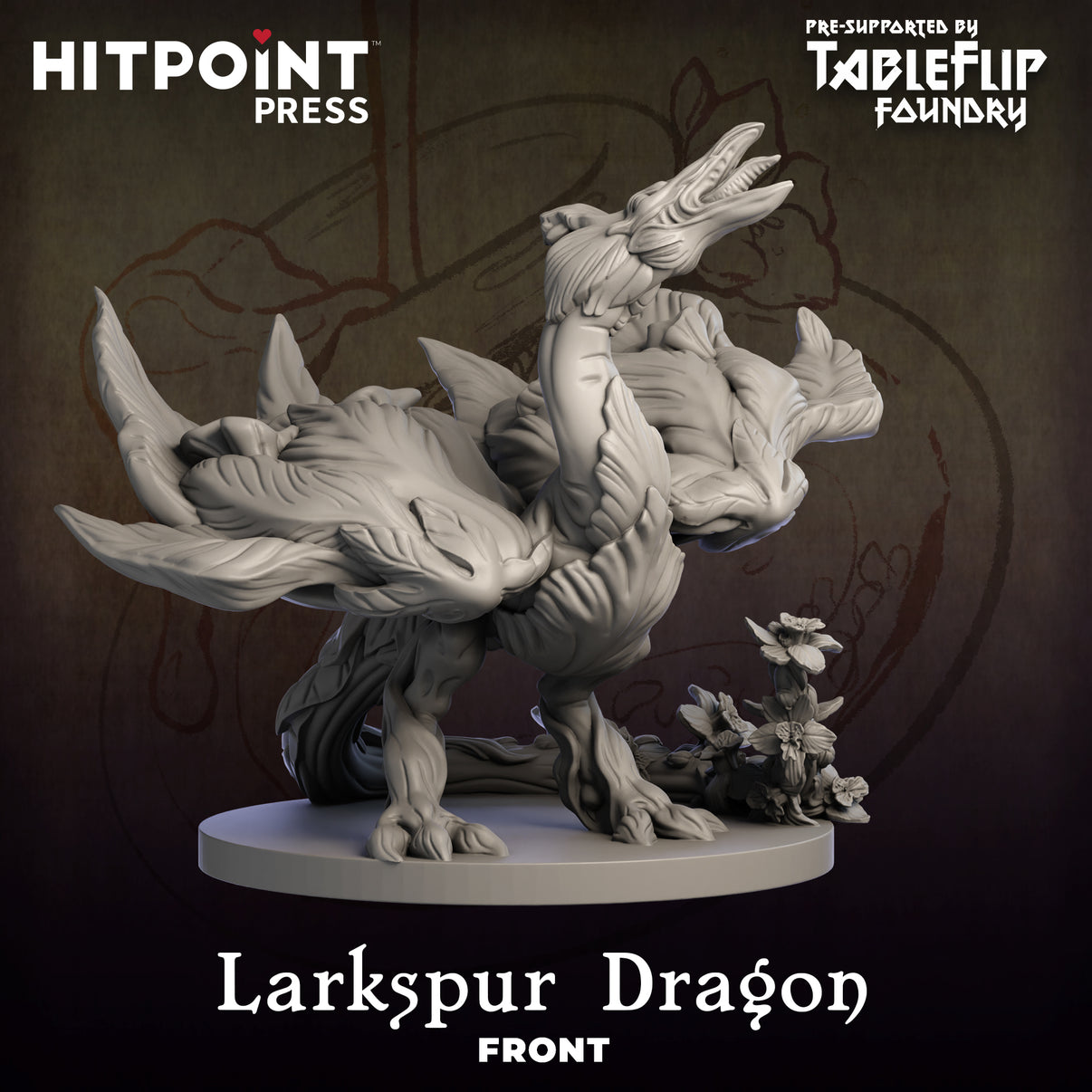 Digital image of a Larkspur Dragon miniature, designed for 3D printing, with intricate floral patterns.