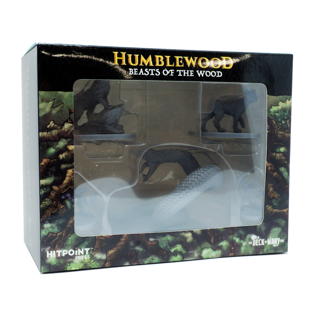 A packaged set of plastic miniature figures labeled 'HUMBLEWOOD Beasts of the Wood', featuring various fantasy animals.
