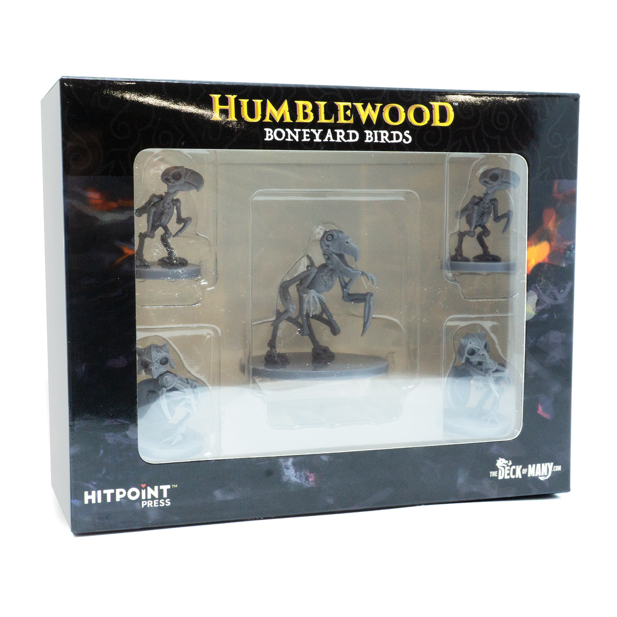 A packaged set of plastic miniature figures labeled 'Humblewood Boneyard Birds' for tabletop gaming.