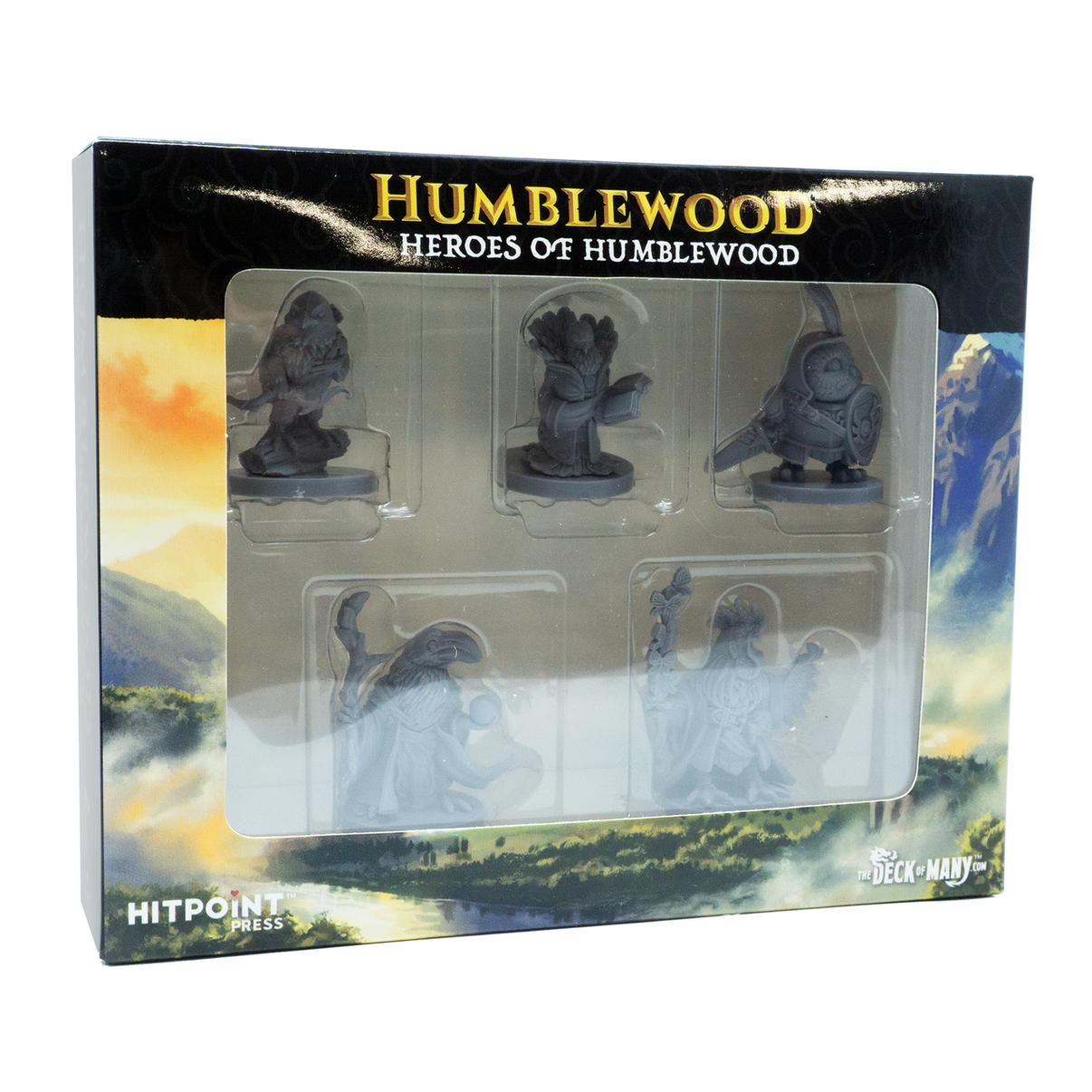 A packaged set of plastic miniatures for a tabletop game, labeled 'HUMBLEWOOD HEROES OF HUMBLEWOOD', including several fantasy character figures.