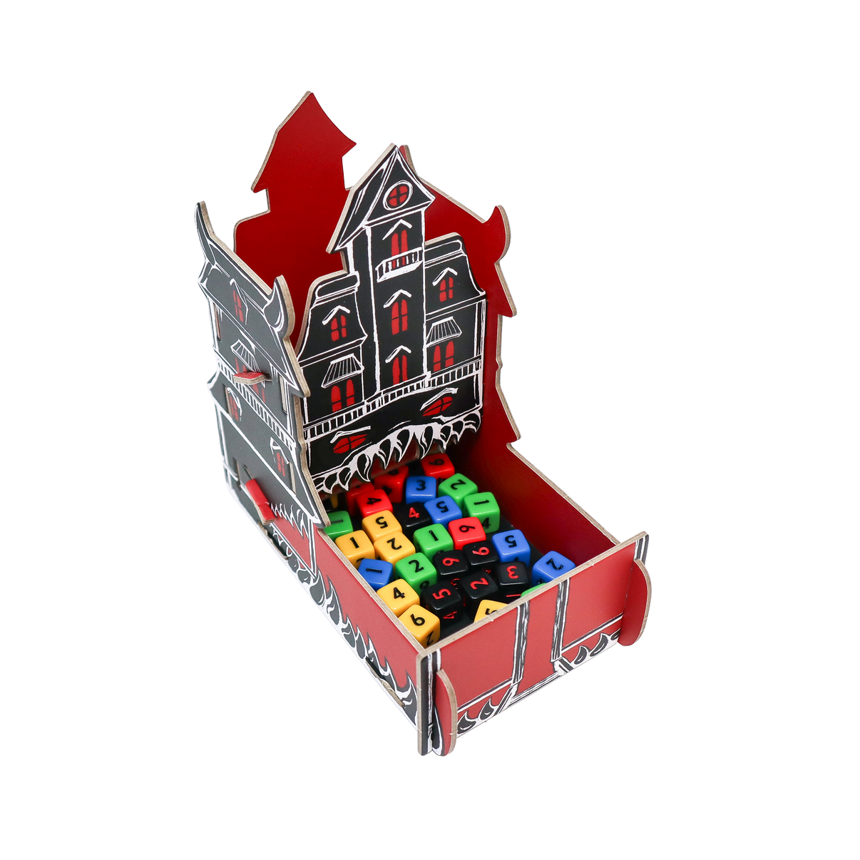 A front area, 3/4 aerial image of the Monster House dice tower from One Last Fight.