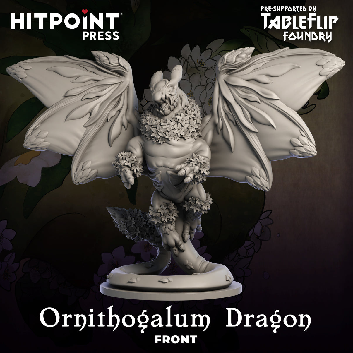 A digital image of a dragon miniature with floral accents, presented as a STL file for 3D printing.