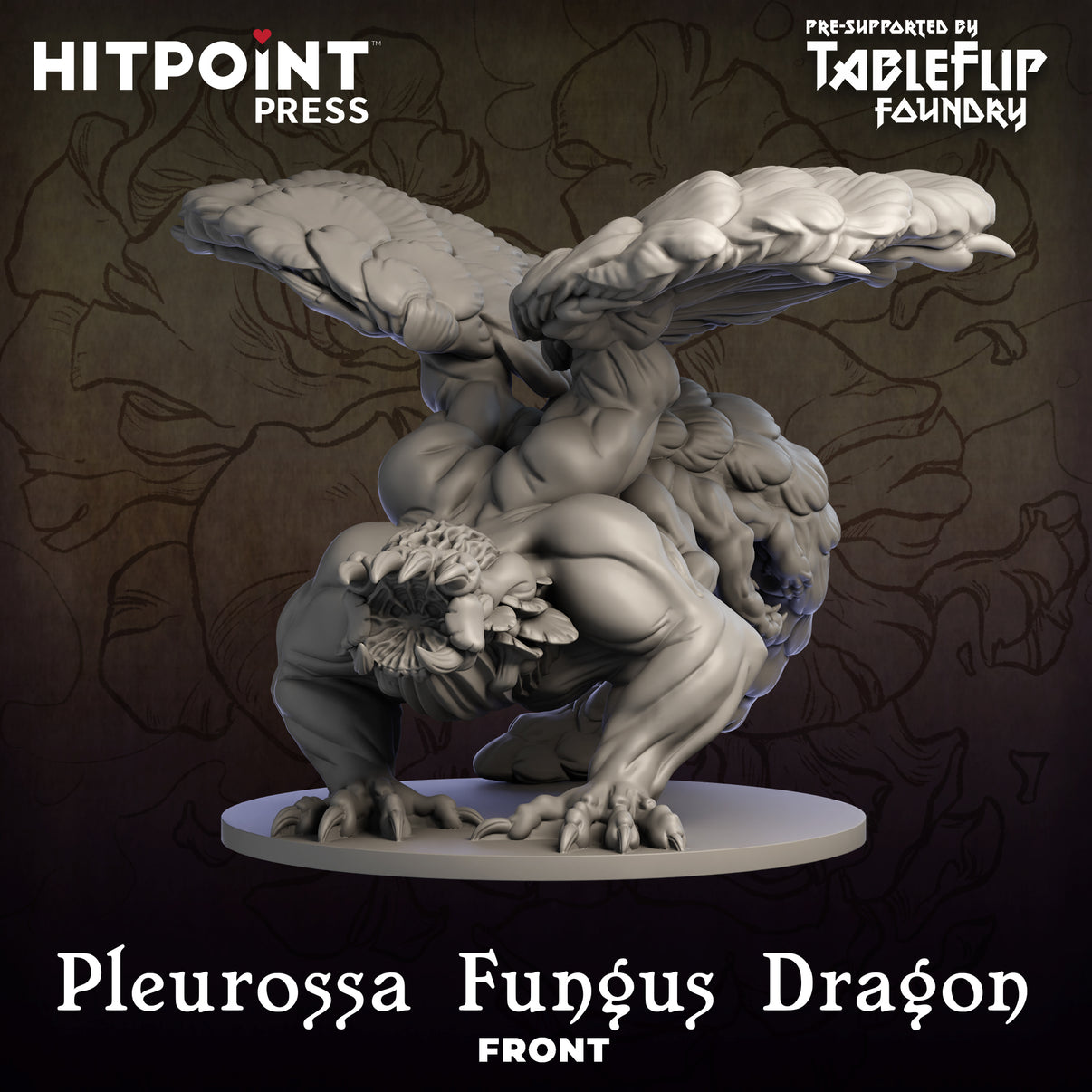 Digital miniature STL of a Pleurossa Fungus Dragon, which is a stylized dragon with floral features, posed with wings extended on a circular base.