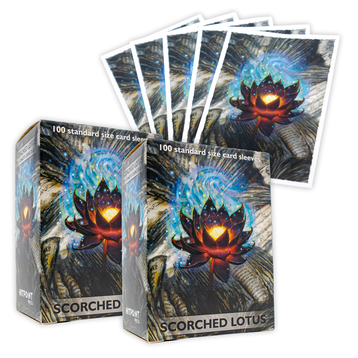 A photo of the Scorched Lotus Dragon Shield Sleeves box 2 times with 5 of the sleeves showcased.