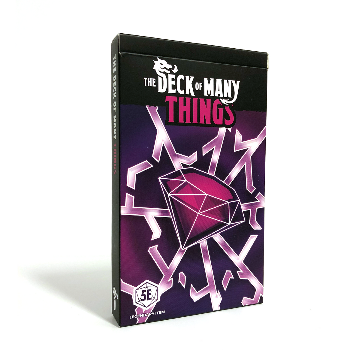 The product image shows the packaging of 'The Deck of Many Things' which is a card deck for the 2014 edition of D&D 5th Edition. The box is predominantly black with a stylized purple and pink gem design.