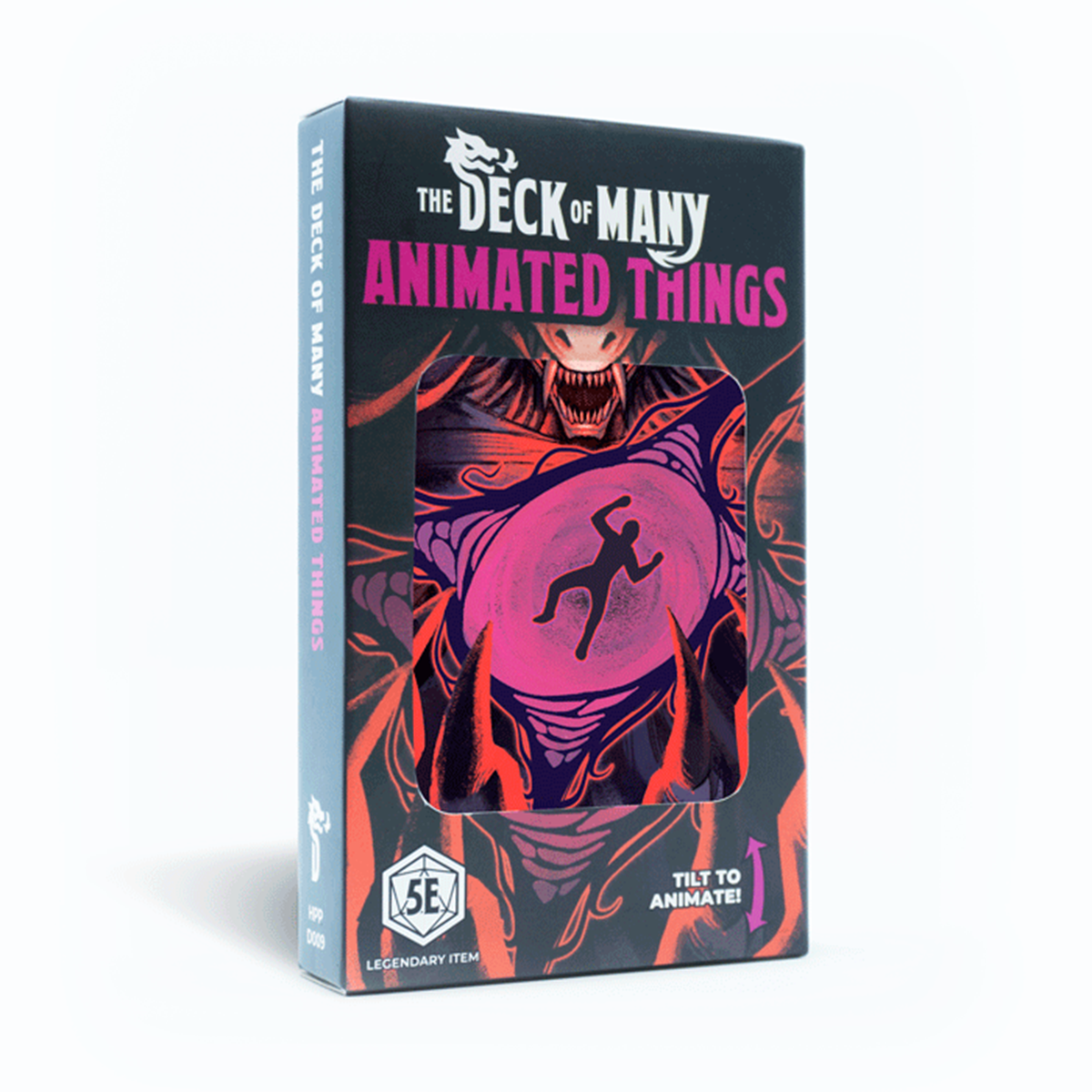 Product image of 'The Deck of Many Animated Things' which is a 22 card deck for 5th Edition D&D, showing a card with a purple and pink illustration and text detailing the card name and description.