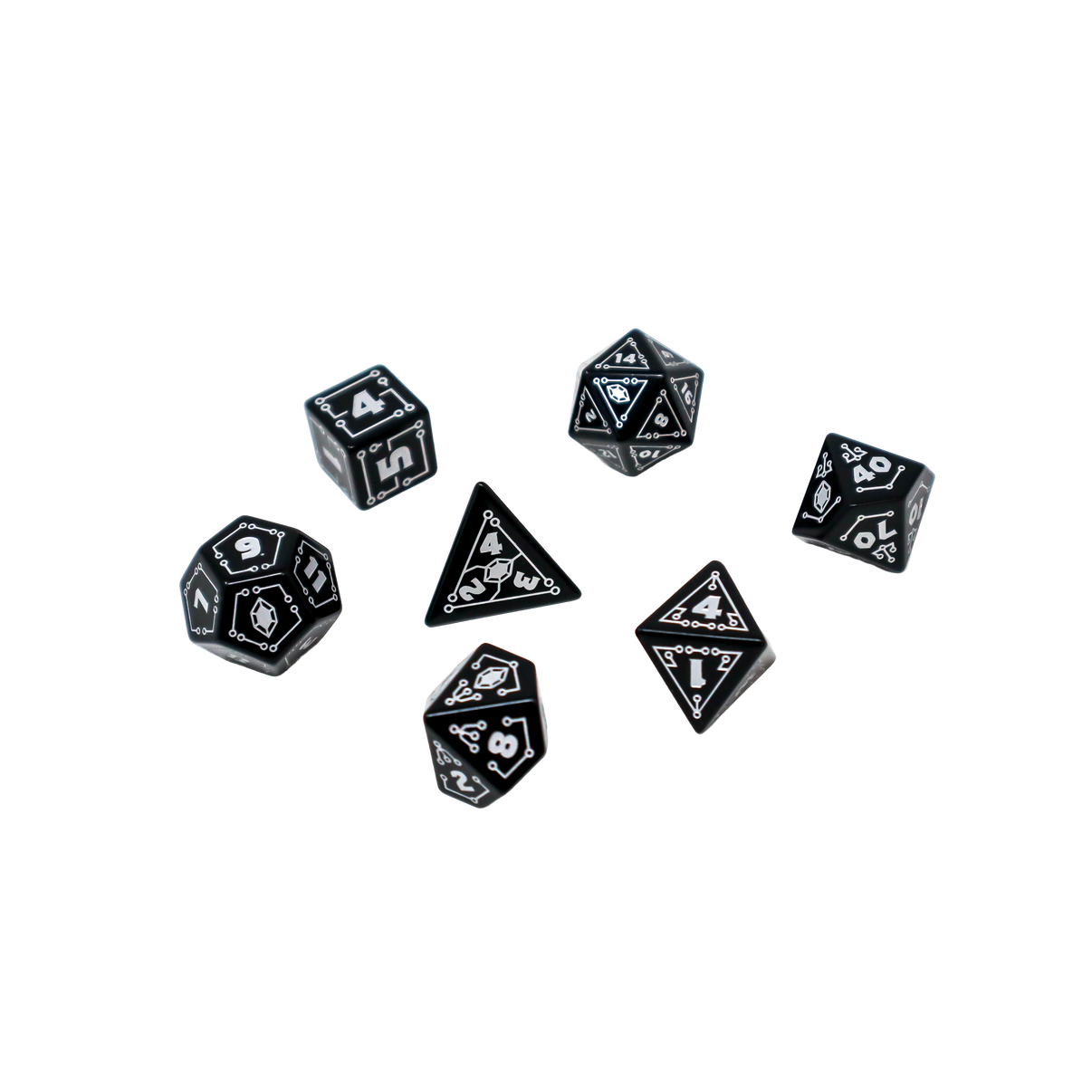 A photo of a black and white TTRPG Fool's Gold dice set.