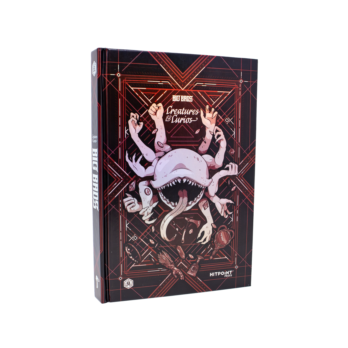 Red book cover with creature illustration on a white background