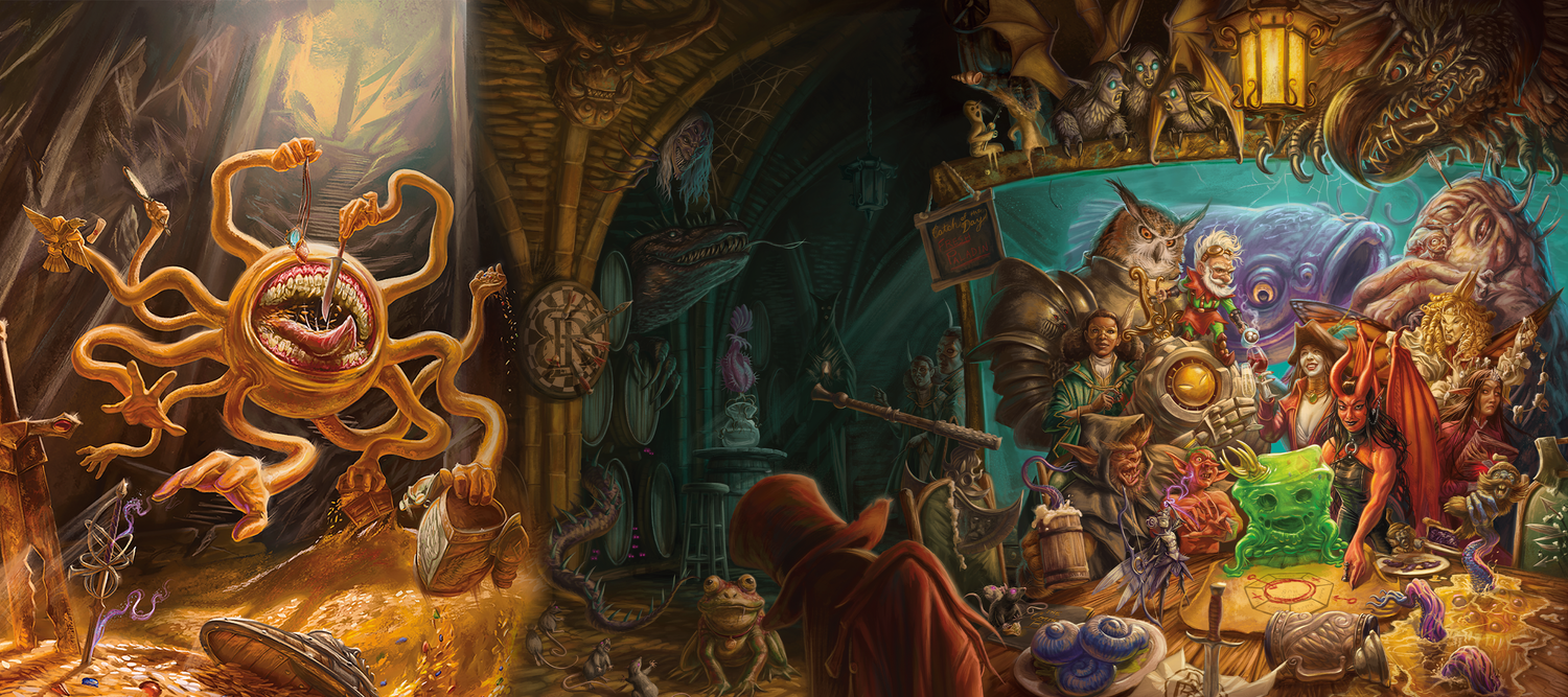 Fantasy scene with magical creatures and characters in a mystical setting
