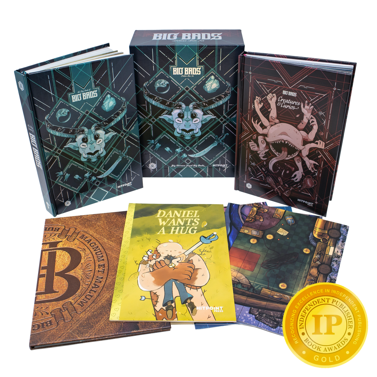 Collection of books with colorful covers and a gold badge on a white background