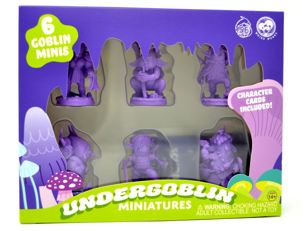 Box of Undergoblin miniatures with purple figures and colorful packaging.