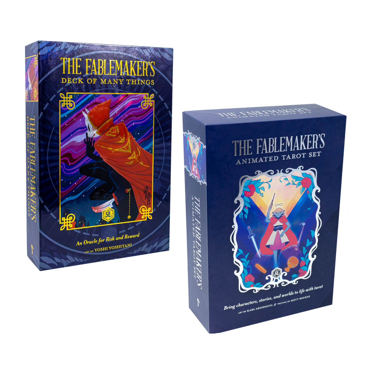 A photo of The Fablemakers Deck of Many Things and Animated Tarot Set card decks.