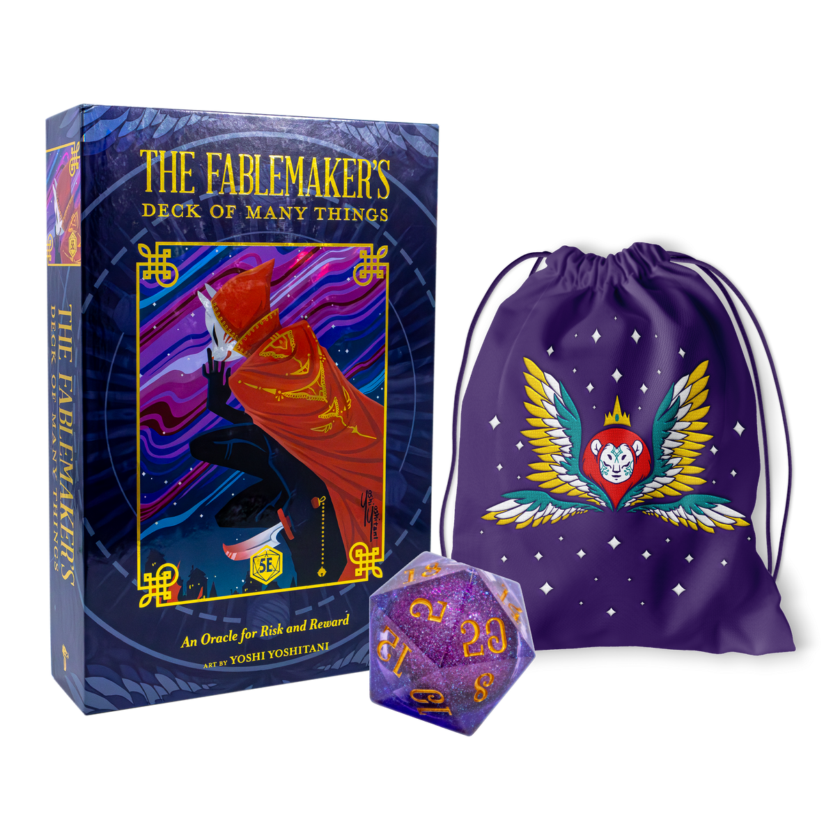 A photo of The Fablemakers Deck of Many Things card deck and dice set with bag.