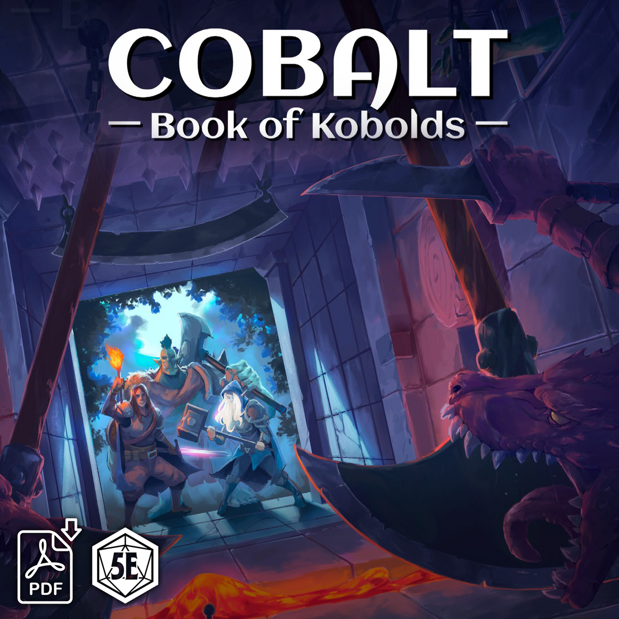 Cover of 'COBALT Book of Kobolds' with fantasy scene and weapons.
