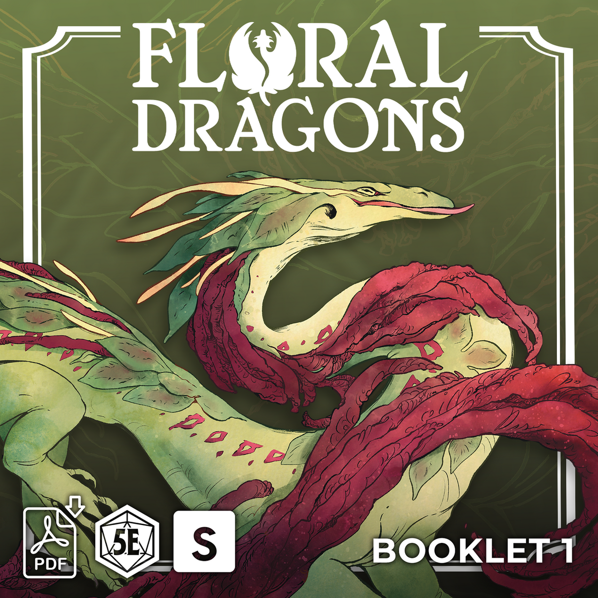 Cover art for 'The Field Guide to Floral Dragons: Booklet 1' featuring a fantasy dragon with green and red colors, with floral patterns and a title logo.