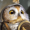 Owl peeking out from behind a shield with a detailed background