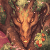 Illustration of a dragon's head emerging from a tree with leaves and fruits.