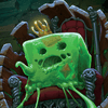 Glowing green skull-like creature with a skeleton in the background