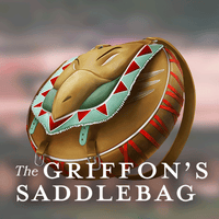 Decorative saddlebag with griffon design on a blurred background