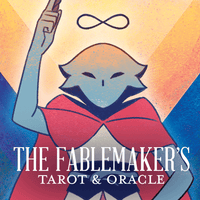 Illustration of a character holding an infinity symbol with text 'The Fablemaker's Tarot & Oracle' on a colorful background.
