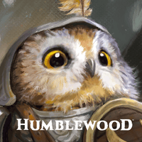 Owl peeking out from a helmet with 'Humblewood' branding