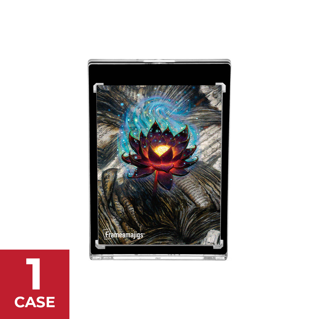 A protective magnetic card case displaying a trading card with a floral and magical design.