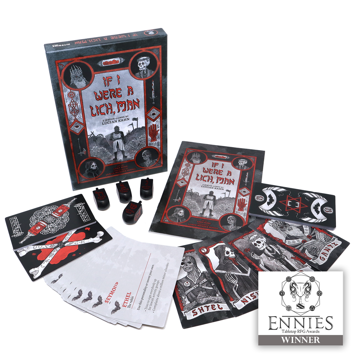 Board game components including cards and box titled 'If I Were a Lich, Man' on a white background.