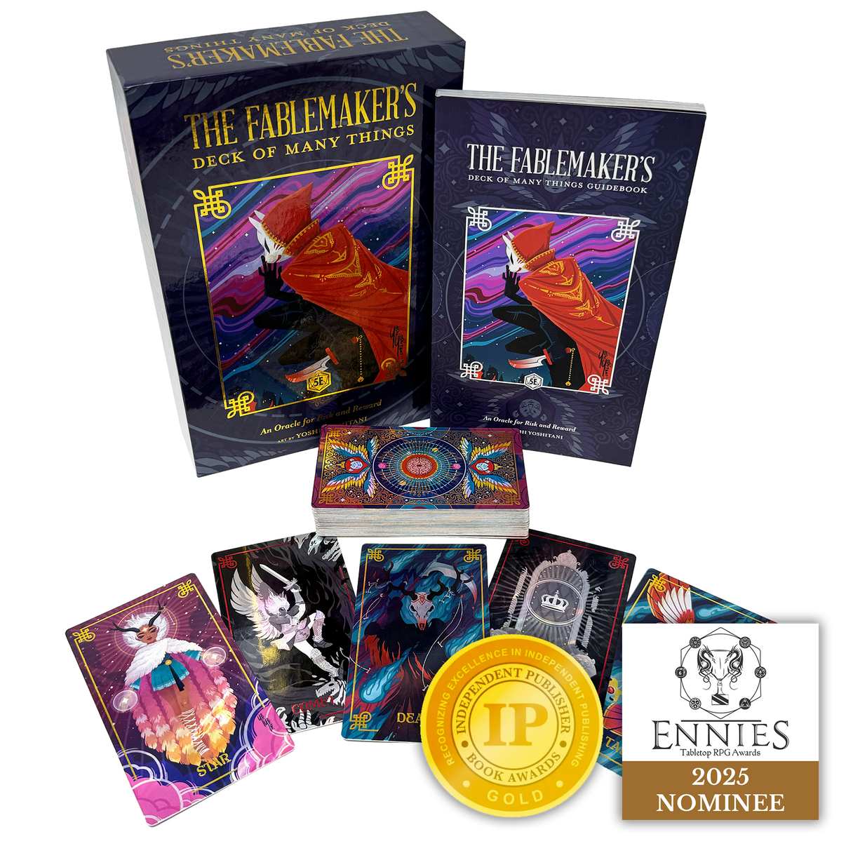 Fablemaker's Deck of Many Things with cards and a book on a white background