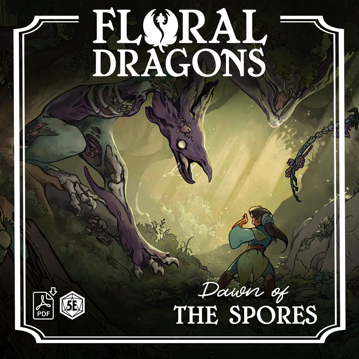 Cover art for 'Floral Dragons: Dawn of the Spores' PDF, featuring a dark fantasy scene with a dragon and a character.
