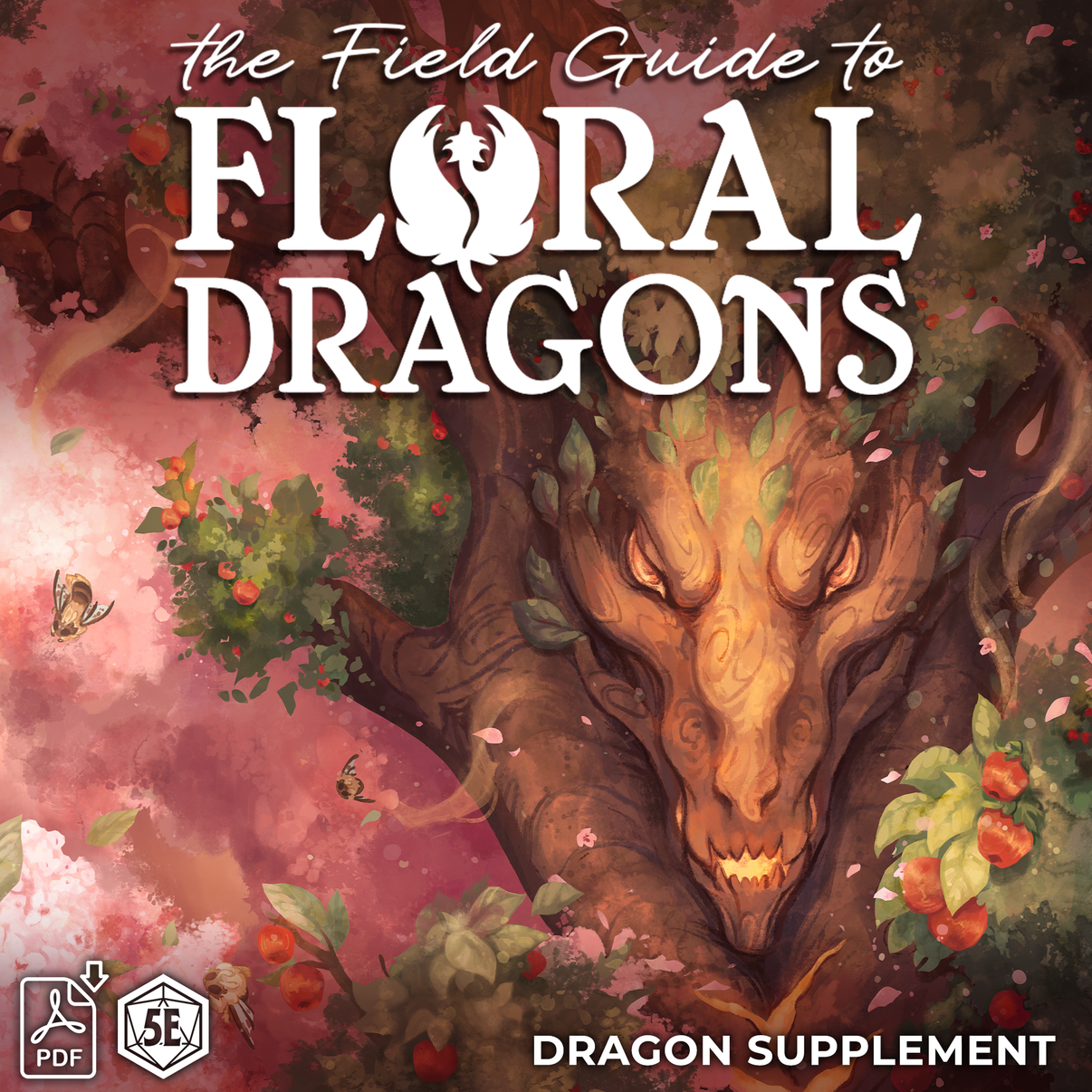 Cover of The Field Guide to Floral Dragons PDF, featuring an illustration of a dragon amidst floral elements, indicating a fantasy theme related to dragons and flowers.