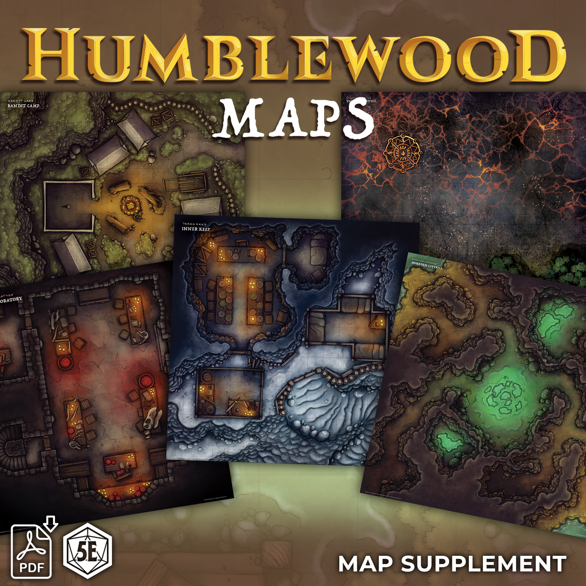 Humblewood Maps supplement with various map designs on a dark background
