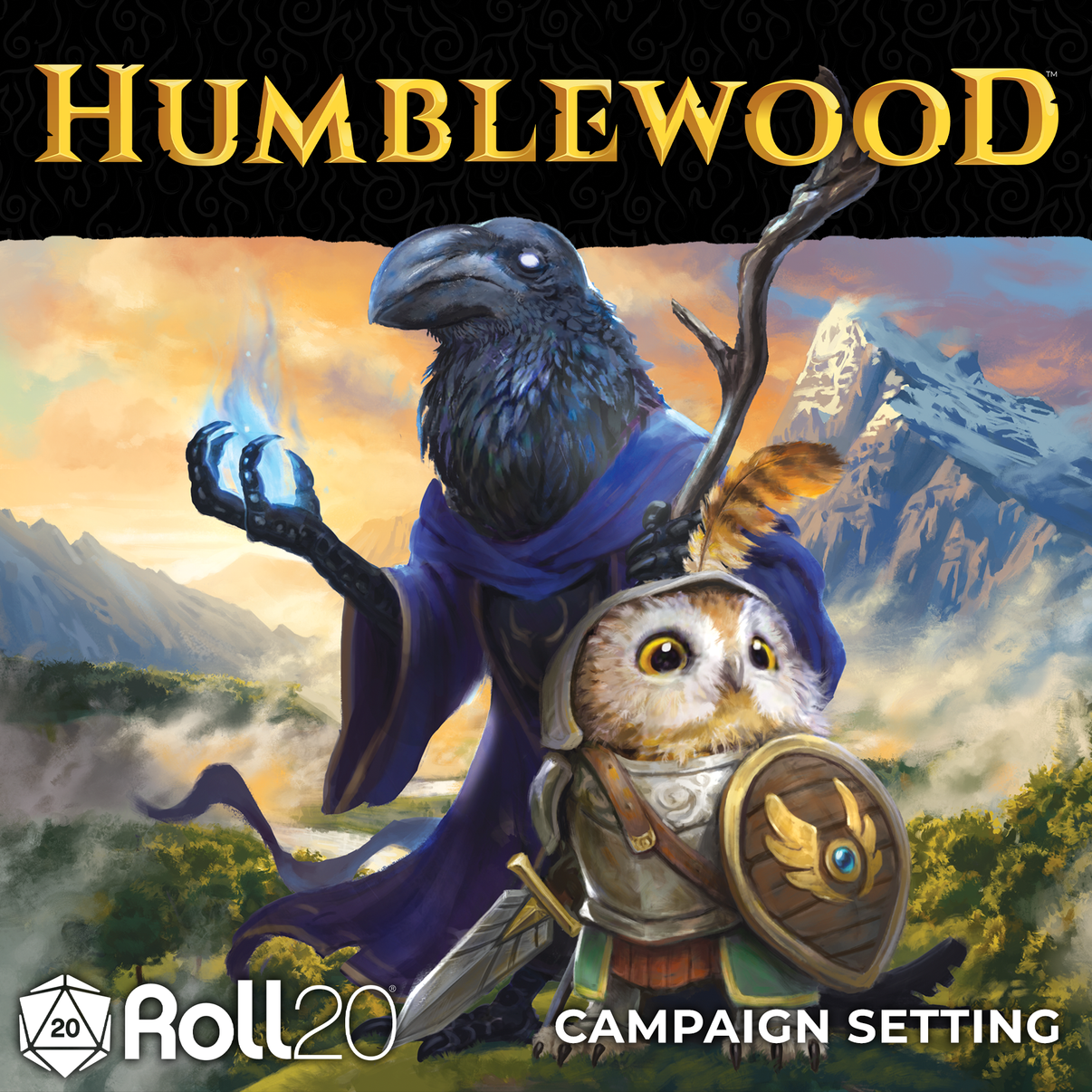 Promotional artwork for the Humblewood Campaign Setting, featuring a fantasy setting with a bird-like creature and an owl, indicative of the Roll20 VTT Key for D&D 5th Edition.
