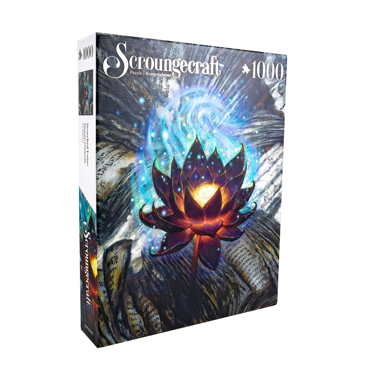 A packaged jigsaw puzzle with a vibrant, artistic depiction of a lotus flower on the box cover, labeled 'Scroungecraft 1000'.