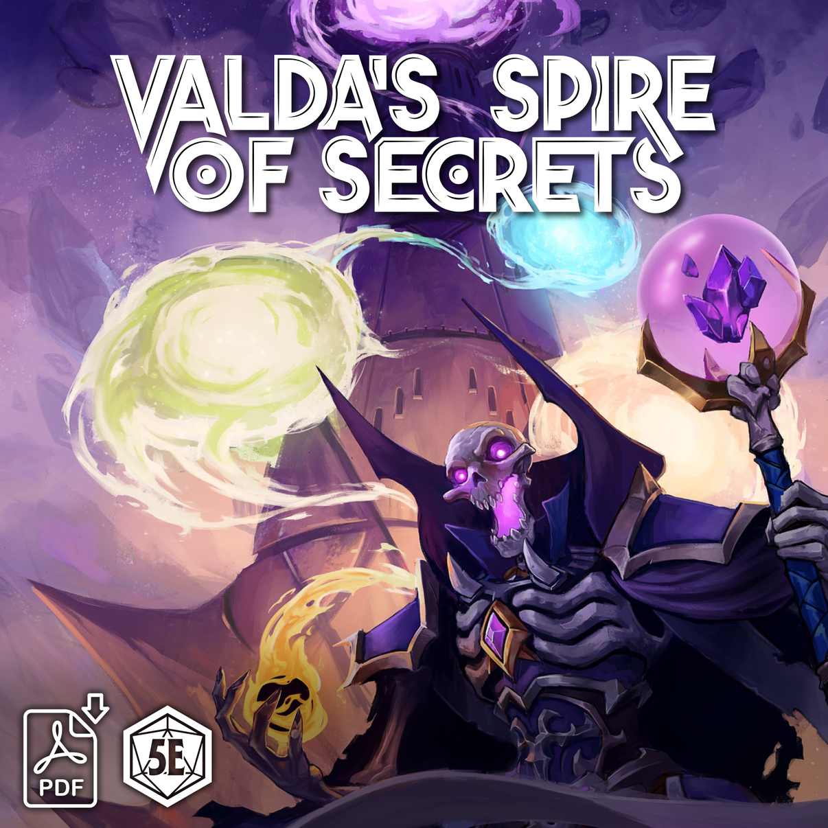 Cover of 'Valda's Spire of Secrets' with a fantasy character and game elements.